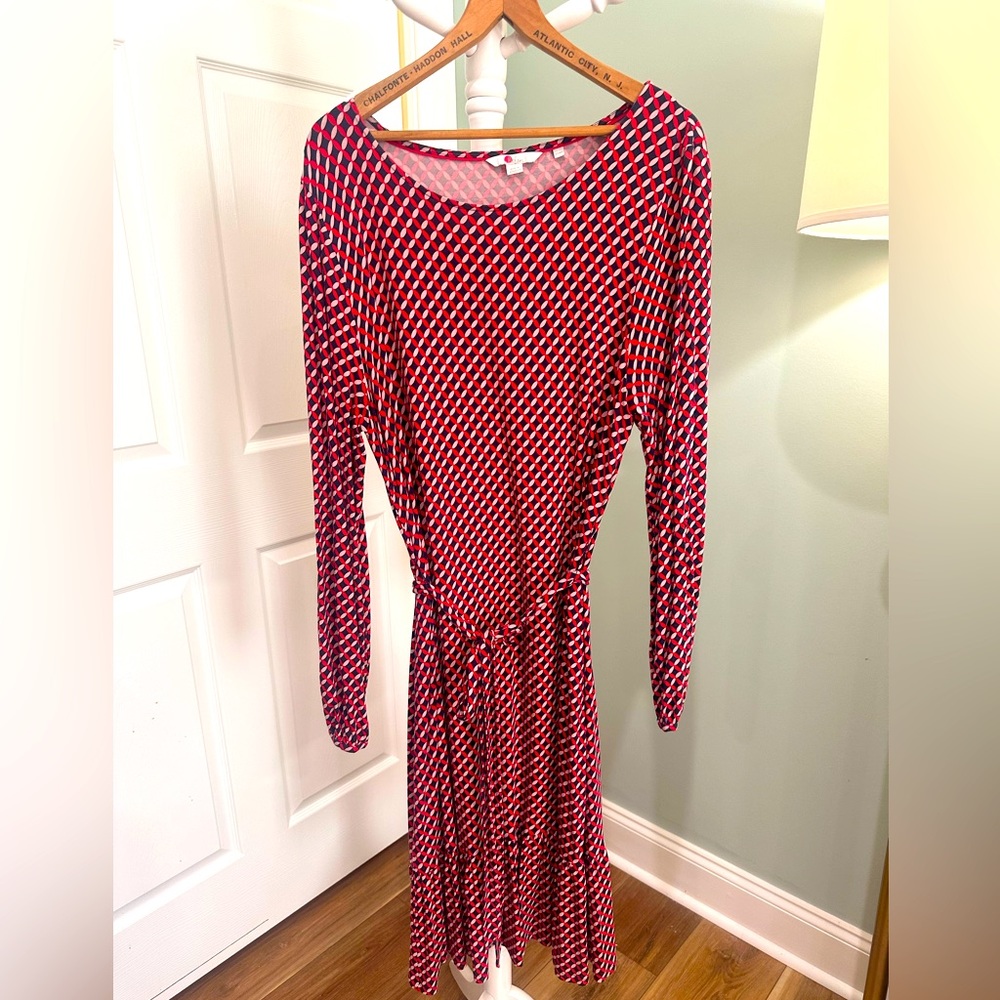 BODEN 14 Dress Navy Red Boatneck Ruffled Hem large XL